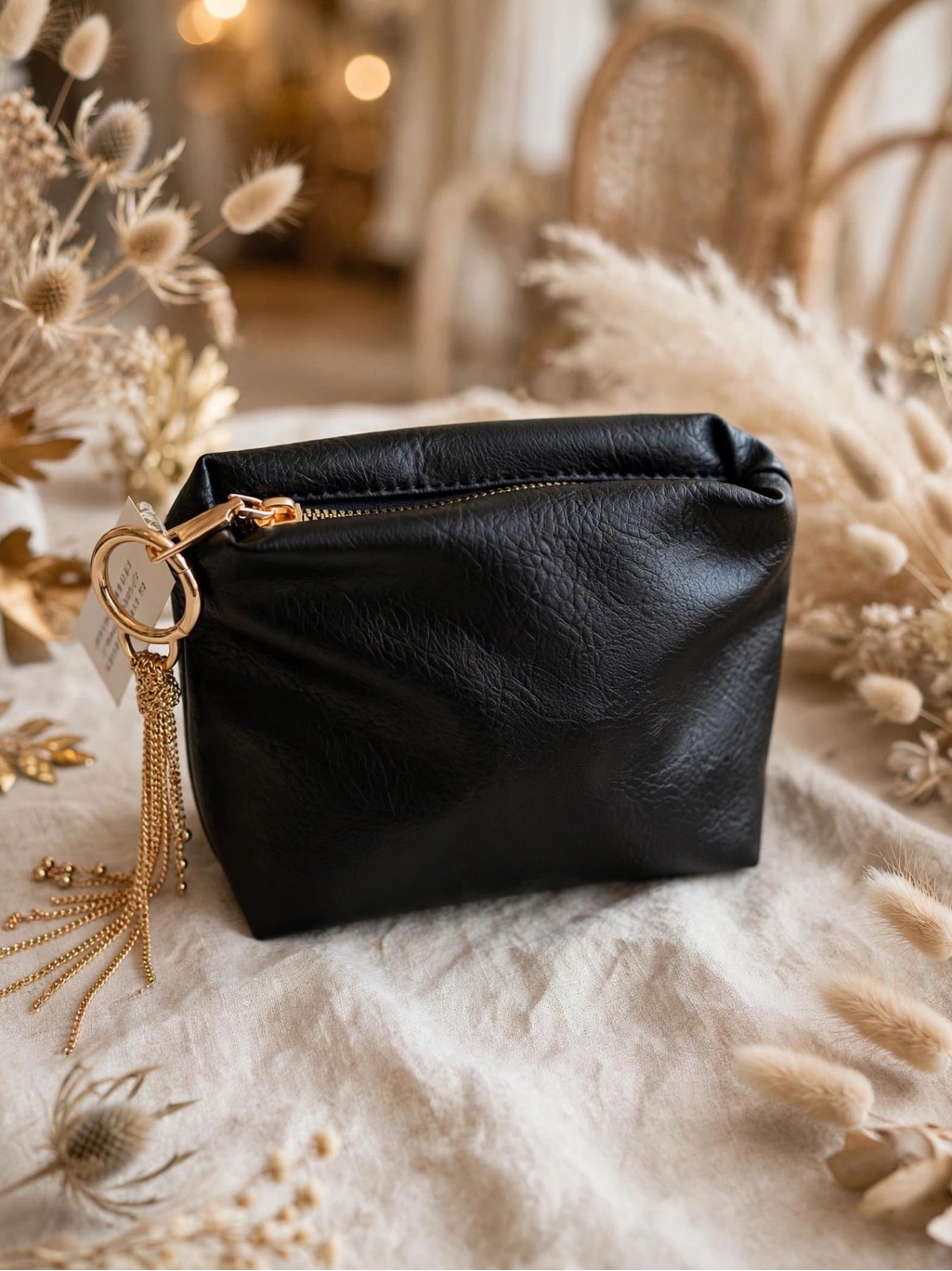 Black Leather Cosmetic Pouch With Gold Tassel